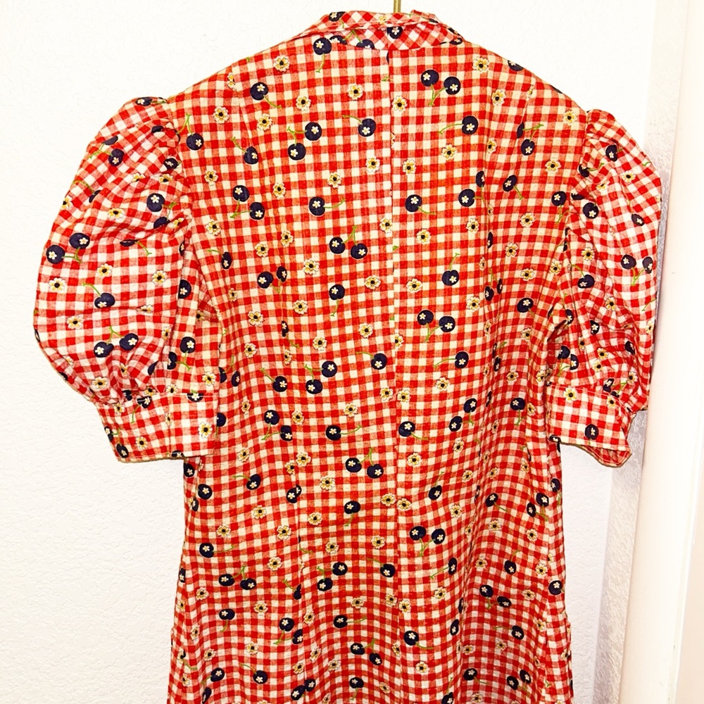 VINTAGE Handmade Seersucker Gingham & Blueberries Collared Mini Dress SZ: SMALL - Picture 10 of 11